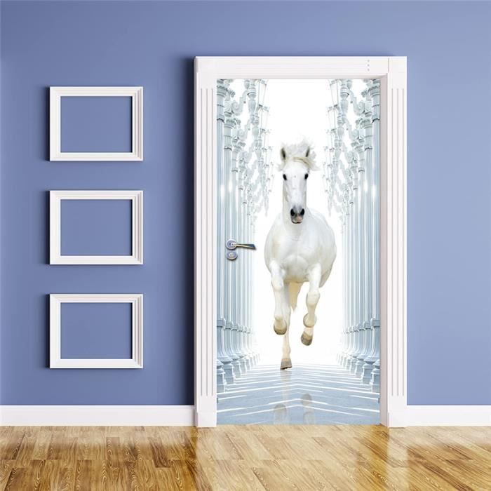 Sticker Porte 3D Cheval Blanc - 77x200 Cm - Effet Trompe-l'œil - PVC Imperméable - 4