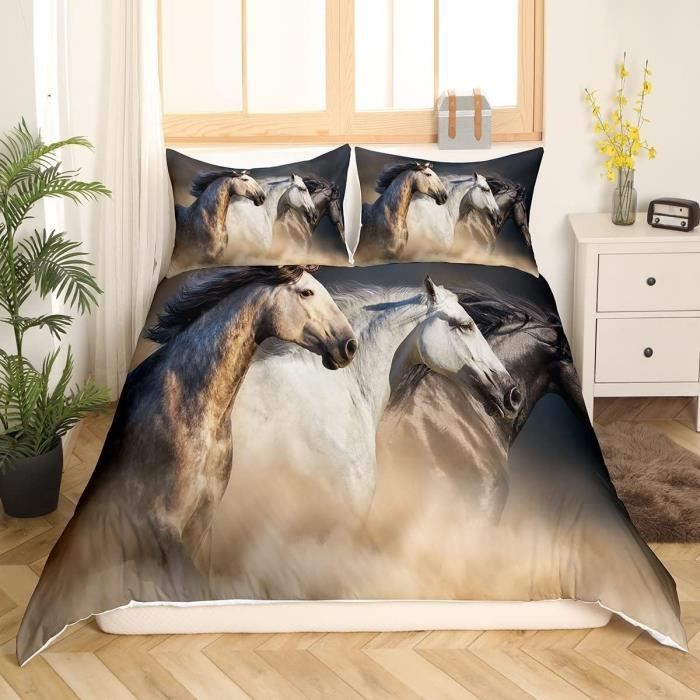 Parure De Lit 220x240 Cm Motif Cheval - Housse De Couette + 2 Taies 65x65 Cm, Microfibre Brossée Douce, Fermeture éclair