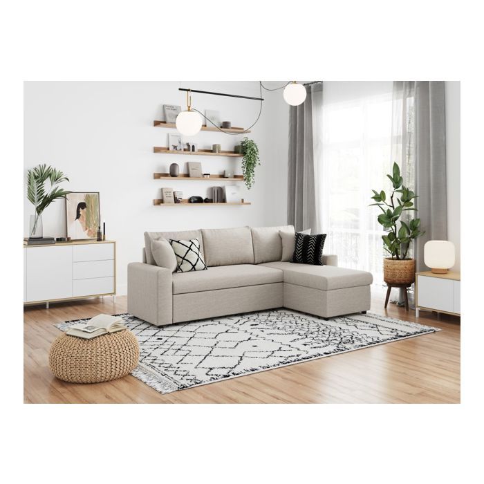 Canapé dangle 3 places MARIA réversible convertible avec coffre en tissu - Beige - L227 x P146 x H81cm - LOUNGITUDE