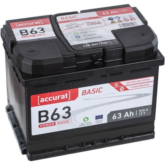 Accurat 12 V Batterie Auto 63Ah 540A Batterie à cellule humide (+ droit) B13 voiture 242 x 175 x 190 m