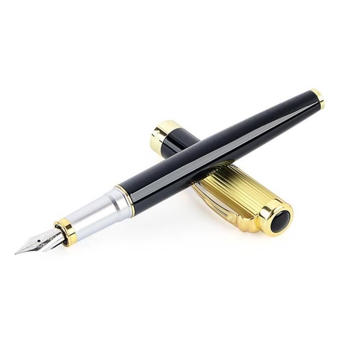 Stylo Plume Noir Laqué Avec Capuchon Doré - Avec Coffret Et Recharges - Neuf étiqueté