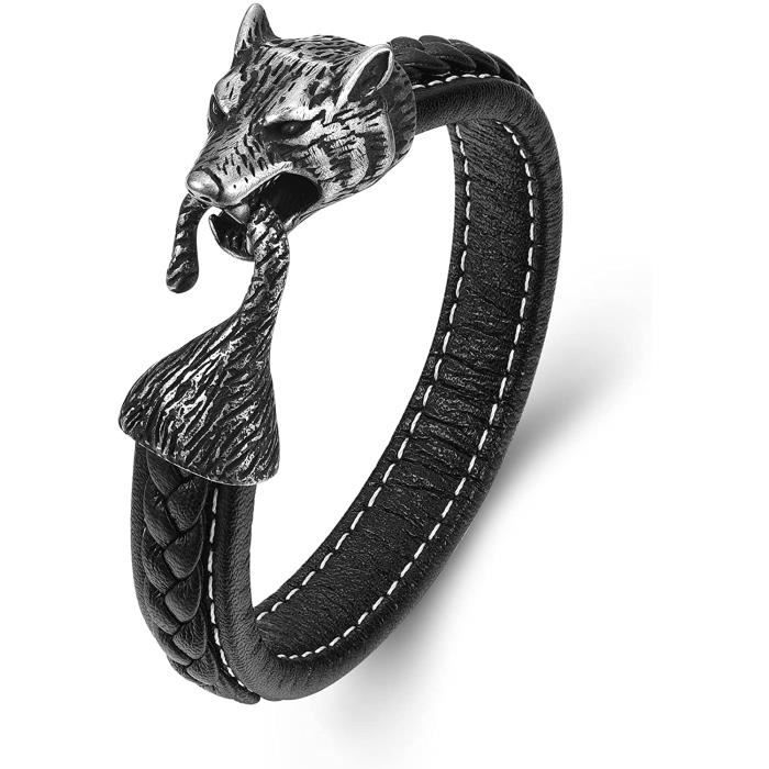 Bracelet Tête De Mort Cuir Noir Homme - Acier Inoxydable Avec Fermeture Magnétique