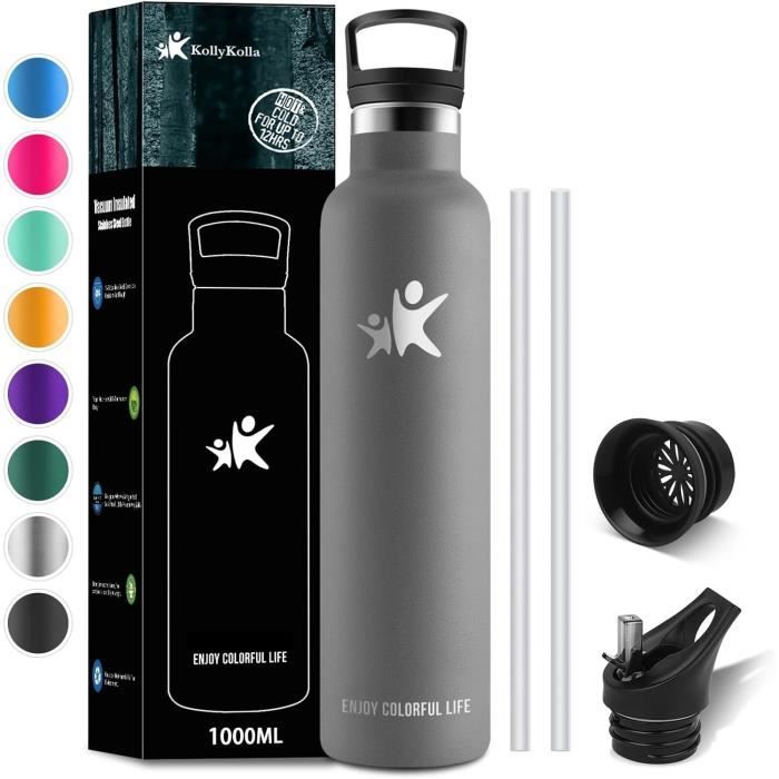 LOOFORE Bouteille En Verre 1 Litre 1000ml Borosilicate - Gourde Réutilisable Anti-Fuite Avec Manchon Néoprène, Idéale Bureau, Sport, Camping