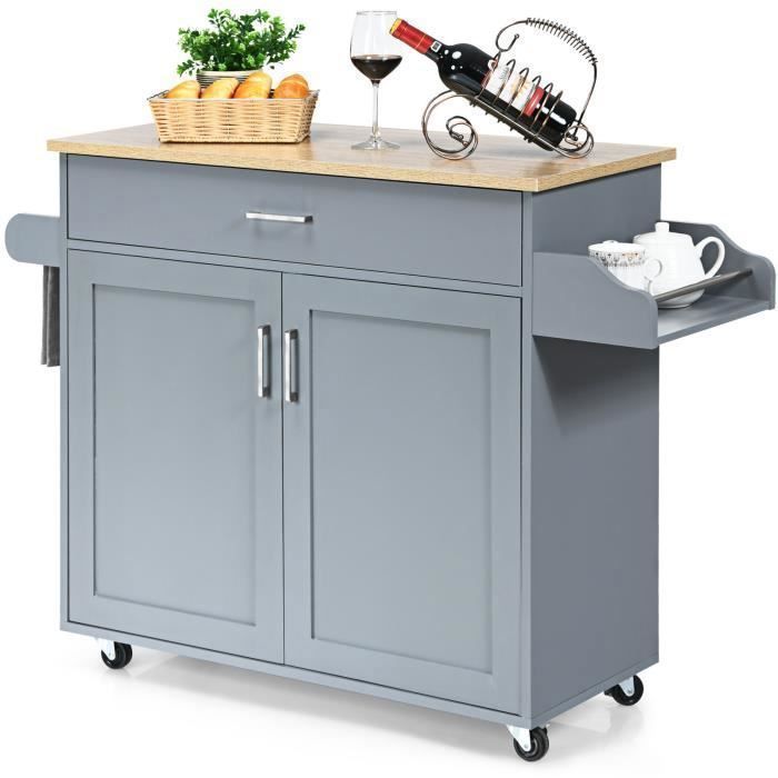 COSTWAY Desserte de Cuisine Bîlot de Cuisine à Roulettes avec Grand Placard Tiroir Porte-Epices et Porte-Serviettes Gris