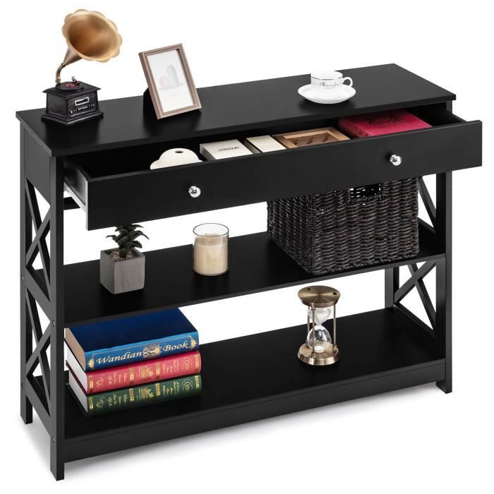 table console - costway - 1 grand tiroir - 3 etagères - noir - mdf - 100 x 30 x 80 cm