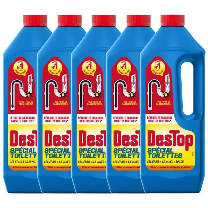 Lot de 5 Gels Déboucheur spécial toilettes - détruit les bouchons des WC - avec javel - 1L