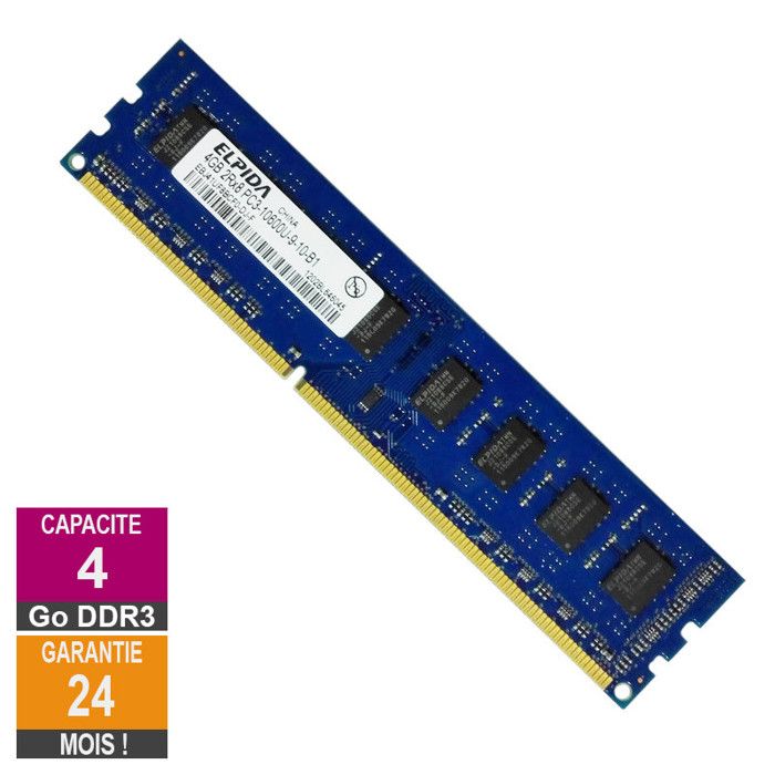 Barrette Mémoire 4Go RAM DDR3 Elpida EBJ41UF8BCF0 DJ F DIMM PC3-10600U - Elpida