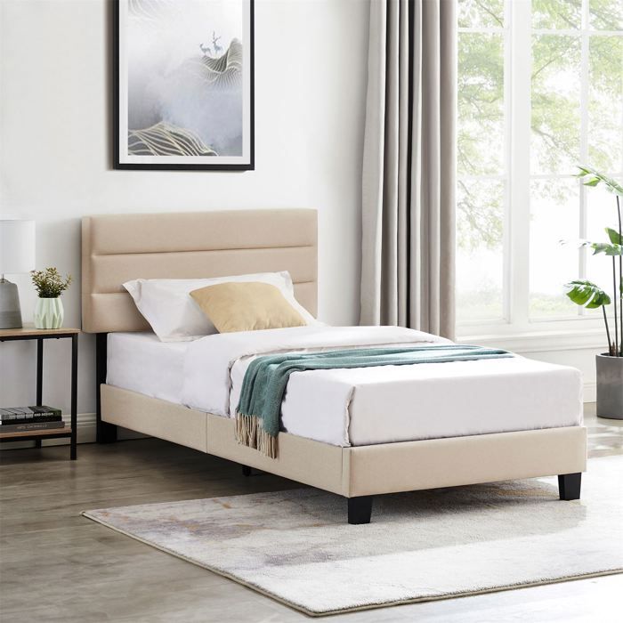 Lit 1 place FLORIDA, 90 x 190 cm, capitonn&eacute; avec sommier, rev&ecirc;tement en tissu beige