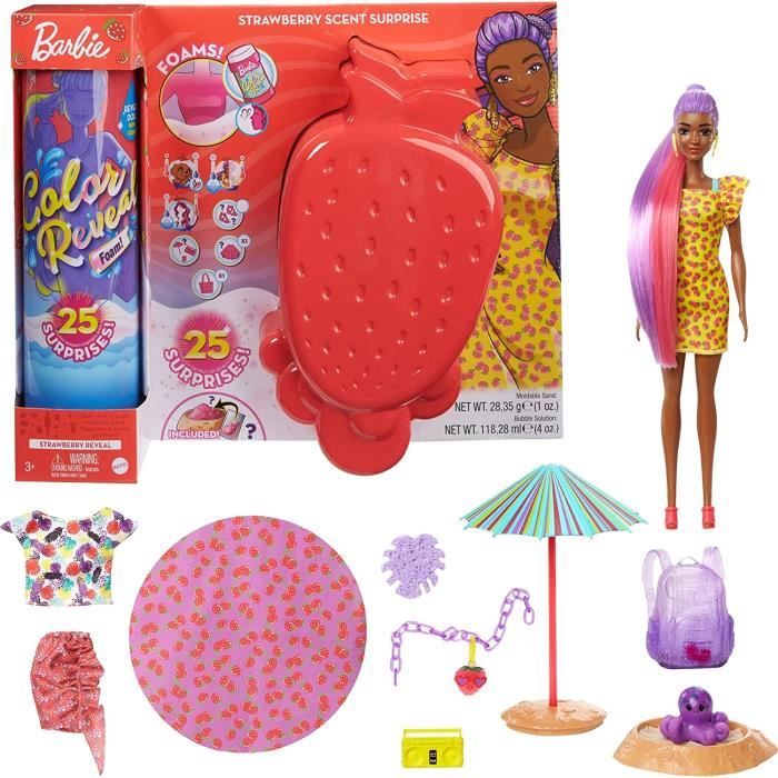 Barbie Color Reveal avec Mousse parfum?�e, poup?�e et animal avec 25 ?�l?�ments myst?�re dont 19 