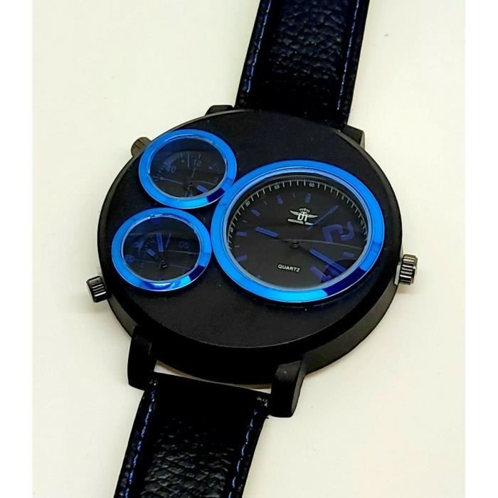Montre Homme NOIR MAT Bleu Sport XXL Carbone Carrera 3 FUSEAUX Cuir ID E CADEAU