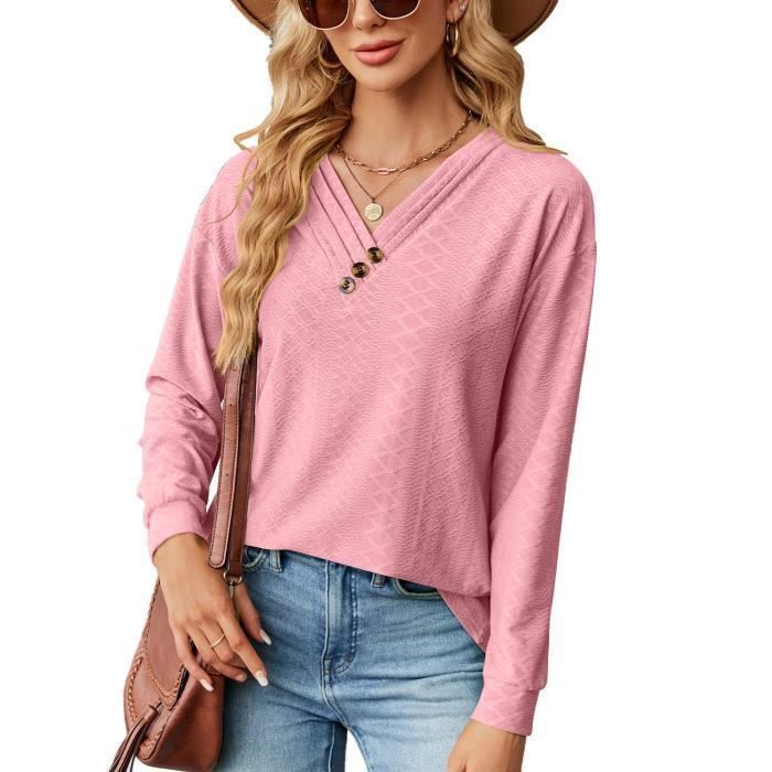 Cuptacc Pull Femme Col V Manches Longues Boutons Décoratifs - Tunique Élégante