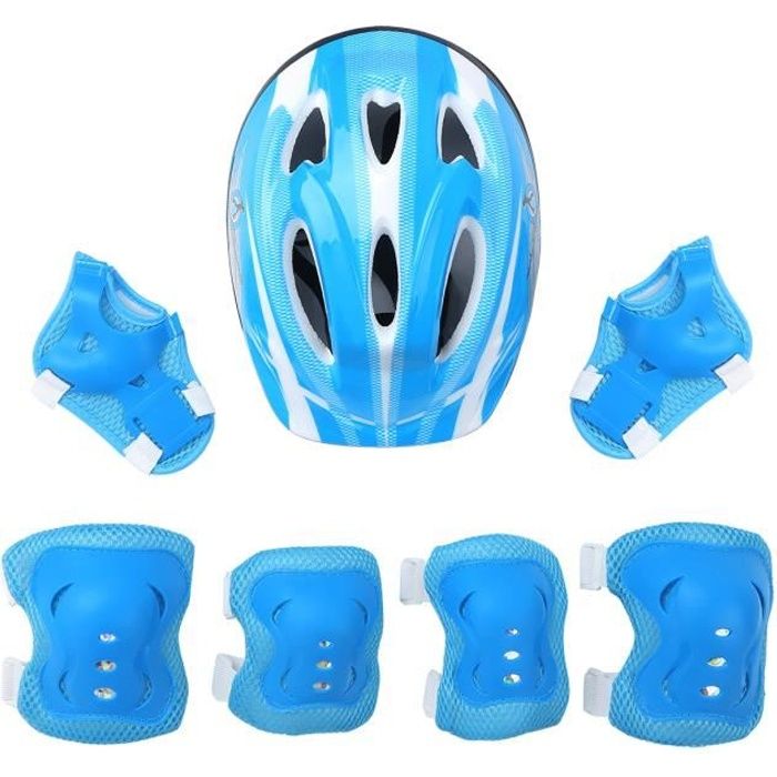 inlzdz 7 Pièces Kit de Protections pour Enfants Casque de Vélo /Genouillères/Coudières/Protège-poignet pour Patin à Glace Bleu