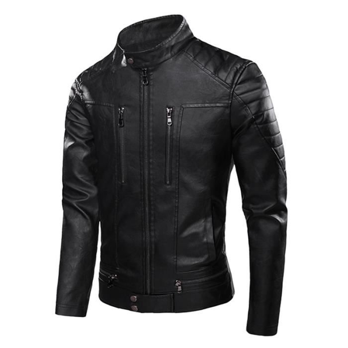 Veste Homme Hiver En Cuir Bomber Moto - Blouson Chaud épais Doublure Thermique - Style Classique Décontracté Pour Quotidien