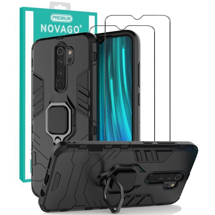 Compatible Xiaomi Redmi Note 8 Pro Coque anti chute avec anneau béquille + 2 Films vitre écran en Verre trempé résistant