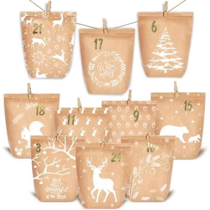 Calendrier De L'Avent à Remplir - Lot De 24 Sacs Papier Kraft Vert Pour Avent Enfants Et Adultes