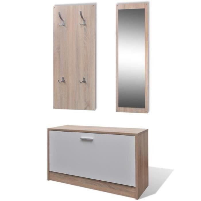 Ensemble 3 En 1 De Porte Chaussures Miroir Mural Et Cintre En Bois