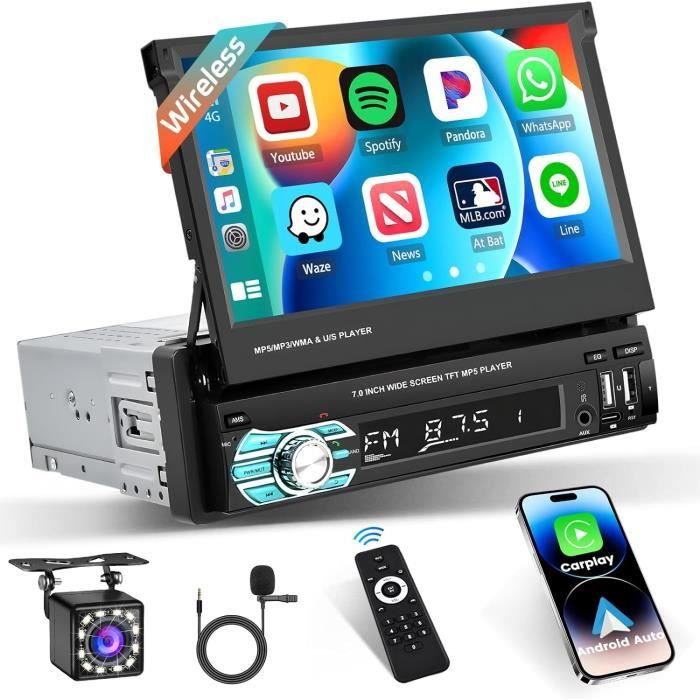 Autoradio 1 DIN Avec CarPlay/Android Auto Sans Fil - Écran Tactile 7 Pouces, Bluetooth, GPS, Caméra De Recour