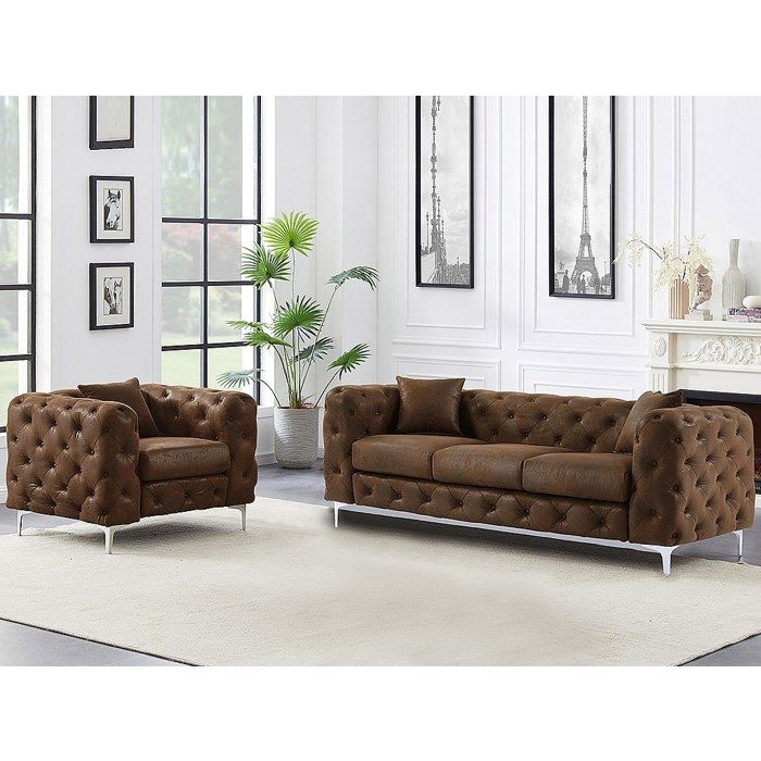 Canapé 3 places et fauteuil chesterfield en microfibre aspect cuir vieilli EDWINA