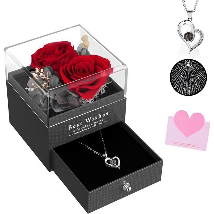 Fleur Préservée Boîte Cadeau Rose Éternelle Avec Collier Boucles D'Oreilles Argent 925 - Cadeau Fête Des Mères Saint-Valentin Cadeau Femme Romantique