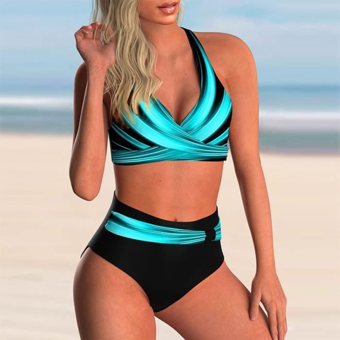Maillot de Bain 2 Pieces Bikini Femme Chic Vintage Taille Haute Femmes Deux pieces Tankini Maillots de Bain Taille H rayures bleu Bleu Cdiscount Pret a Porter
