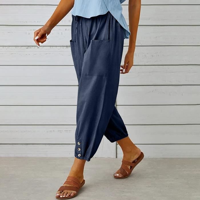 Pantalon Lin Femme Loose Bleu fonce Blanc