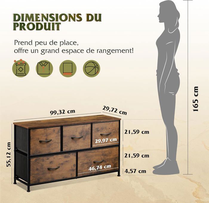 Commode En Tissu 11 Tiroirs - Meuble Rangement Chambre Adulte, Cadre Acier, Plateau Bois, Style Bohème - 3