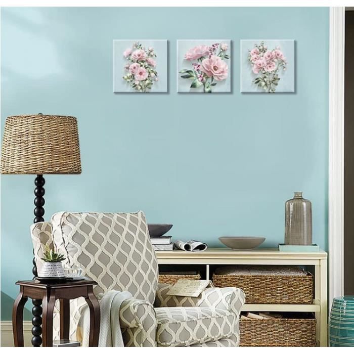 Lot de 4 toiles murales en forme de rose bleu sarcelle avec impressions de fleurs bleues contemporaines pour salon, chambre à coucher, salle de bain, cuisine, bureau - Décoration murale encadrée prête