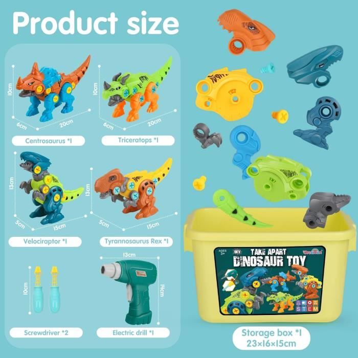 Toyzey Dinosaure Jouet Démontable – 4 Figurines Avec Perceuse électrique Et Manuelle – Cadeau Enfant 3-9 Ans
