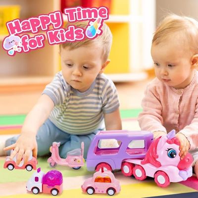 Camion Jouet Licorne Pour Fille Avec 6 Voitures Et Piste De Course - Lumières, Musique, Cadeau Pour 2-6 Ans