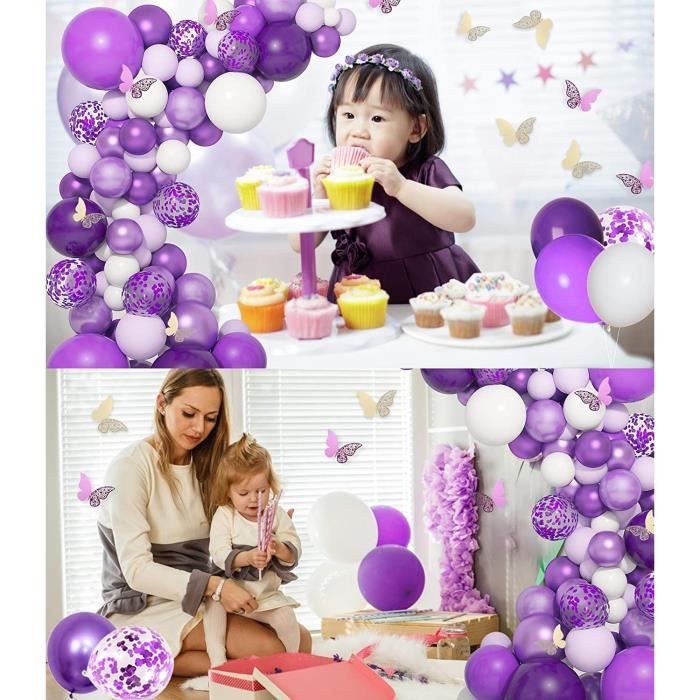 Veeki 124 pièces d’ensemble d’arche de ballon violet, confettis, ballon en  métal en latex avec papillon en papier, anniversaire, décoration de fête de