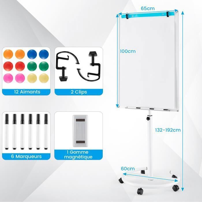Tableau Blanc Mobile Sur Roulettes - 90x160-200cm Réglable, Magnétique, Avec Feutres Et Aimants