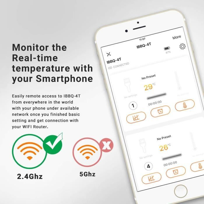 Thermomètre Cuisson WiFi Four Barbecue avec 4 Sonde Temperature