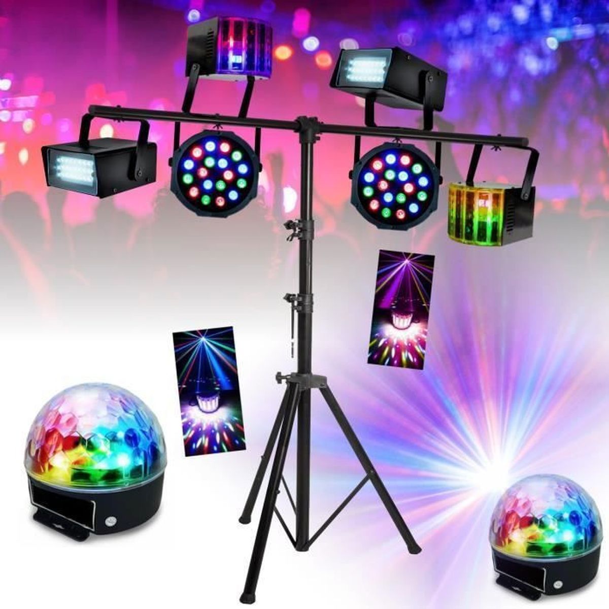 Ensemble de 8 jeux de lumière compacts et puissants + 1 portique acier