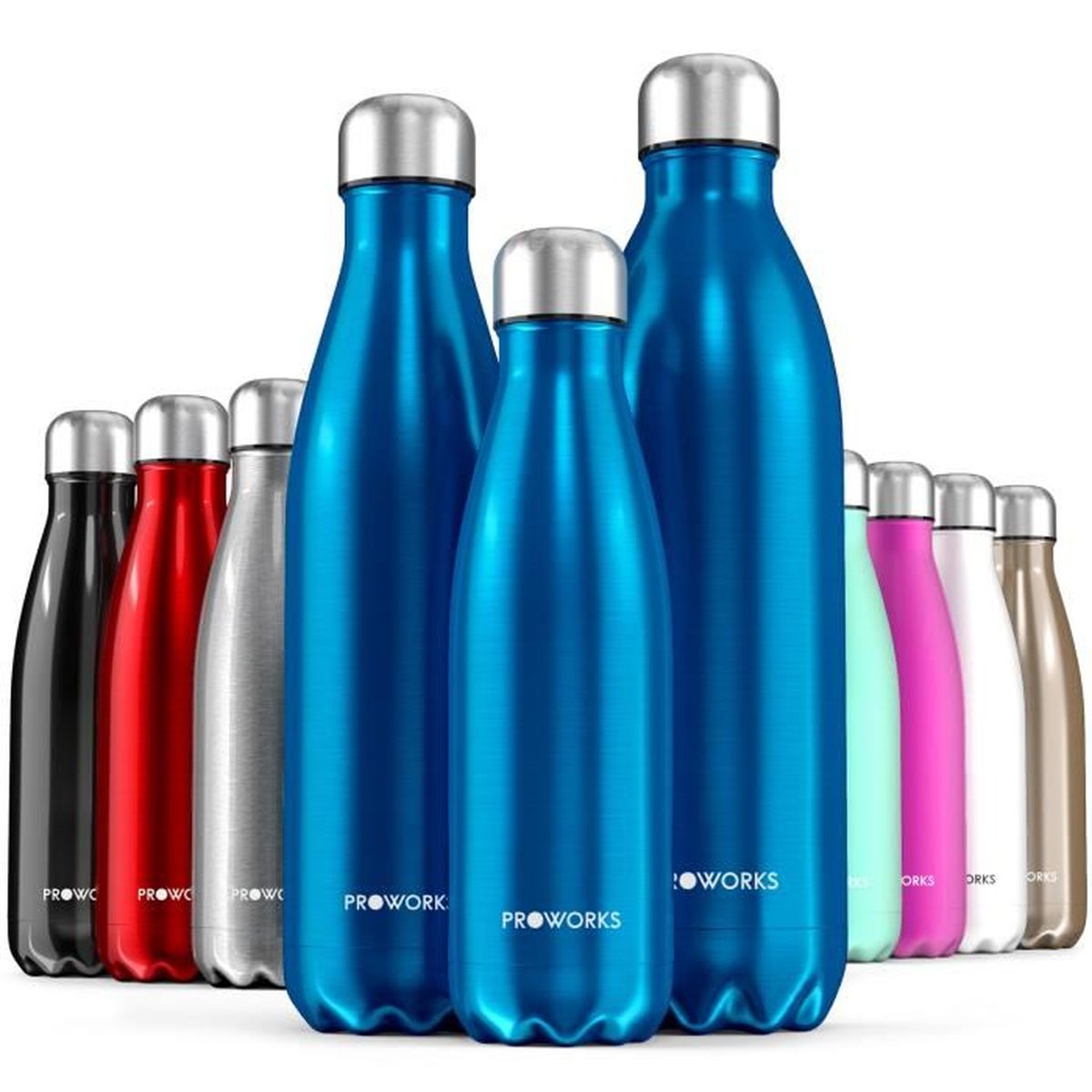 Proworks Bouteille Deau En Acier Inoxydable Bpa Libre Bouteille Métallique Isotherme Sous Vide Bleu Métallique 500ml