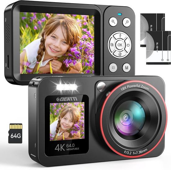 Appareil Photo Numérique WiFi 4K 64MP Avec Écran Rotatif 180° - Zoom 16X, Autofocus, Anti-Tremblement, Carte 32Go Et 2 Batteries