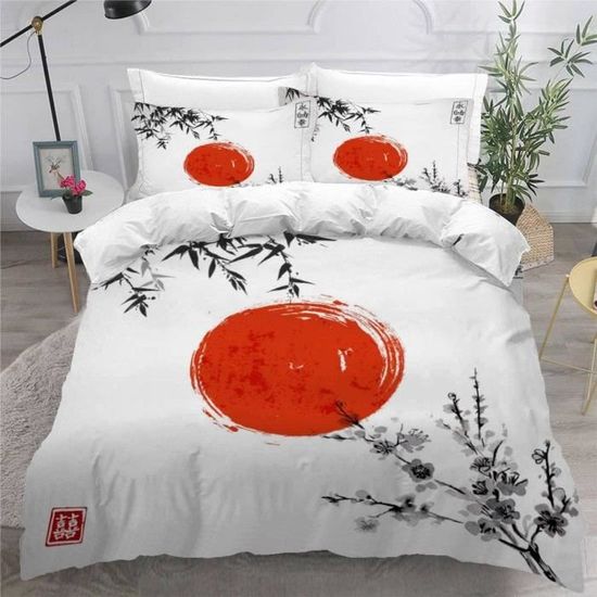 Housse De Couette 240x260 Cm Japonais Fleur De Cerisier - 3 Pièces Microfibre Douce, Réversible, Avec 2 Taies