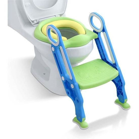 Siège de toilette pour enfants avec rembourrage en PU réglable en hauteur Potty Trainer pliable, bleu et vert