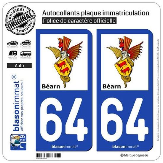 64 Béarn 2 Stickers autocollant plaque immatriculation Armoiries 