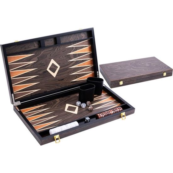 Engelhart Backgammon De Lujo En Maletín De Nogal – Tablero De 48x38 Cm, 30 Fichas Verdes Y Marrones, Dados Y Cubiletes, Juego Clásico Para Regalar