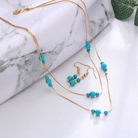 Collier 2 Brins Perles Bleues En Plastique - Style Layered - Neuf Sans Emballage