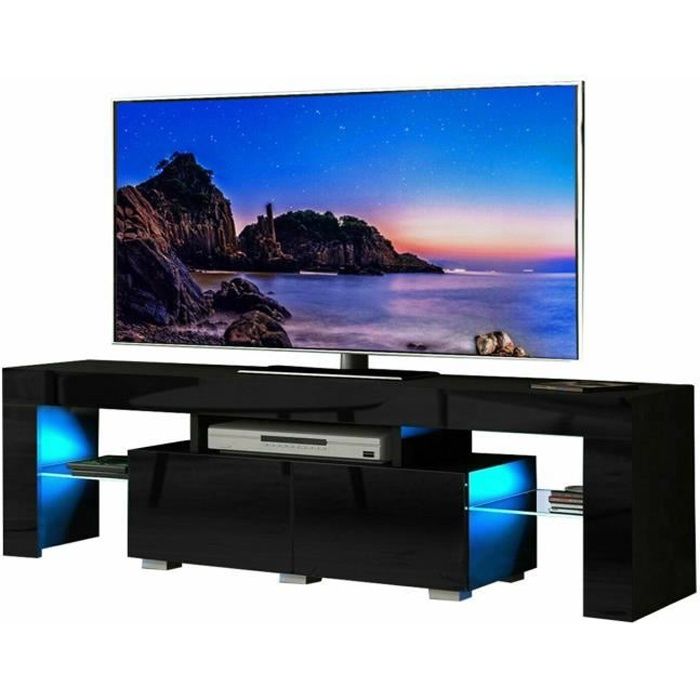 Meuble TV LED Moderne,Meuble TV avec étagères en verre et tiroir,Couleur Noir,130 cm