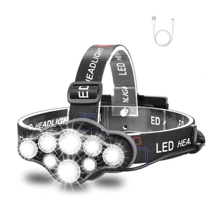 Lampe Frontale,Super Brillante Lampe à 8 Del de 18000 Lumens, Rechargeable USB Imperméable réglable pour Le Camping, la Pêche.
