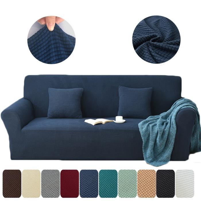 1-Pièce Jacquard Housse de Canapé Extensible, Peluche Revêtement de Canapé (de 235 à 300 cm) - 4 Place,bleu foncé