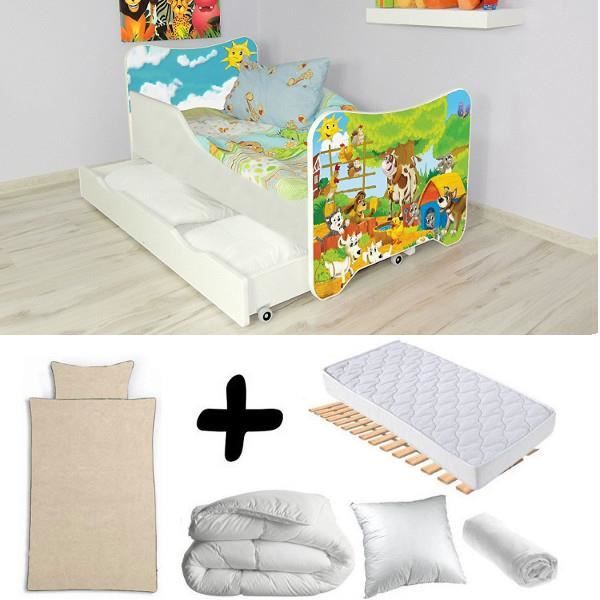 Pack complet Lit tiroir junior Animaux de la ferme = Lit+Matelas & Parure+Couette+Oreiller