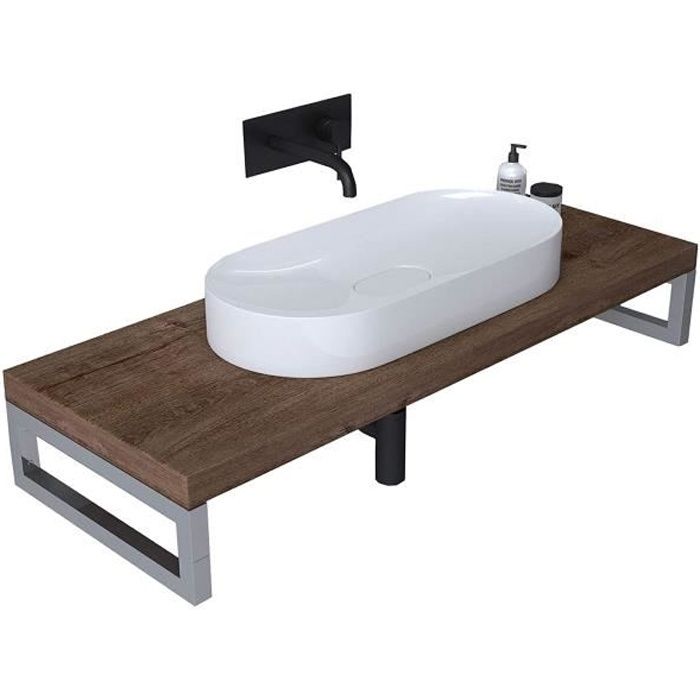 Mai & Mai Meuble sous vasque marron bois 45x80cm plan de travail pour salle de bain avec équerres en acier inoxydable