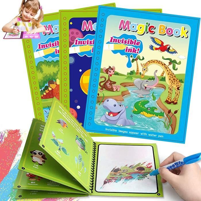 3 Packs Magic Water awing Book Réutilisable avec 3 Pcs Magic Pen, Water Doodle Mat Kids Painting Writing Doodle Toy Board Birt A251