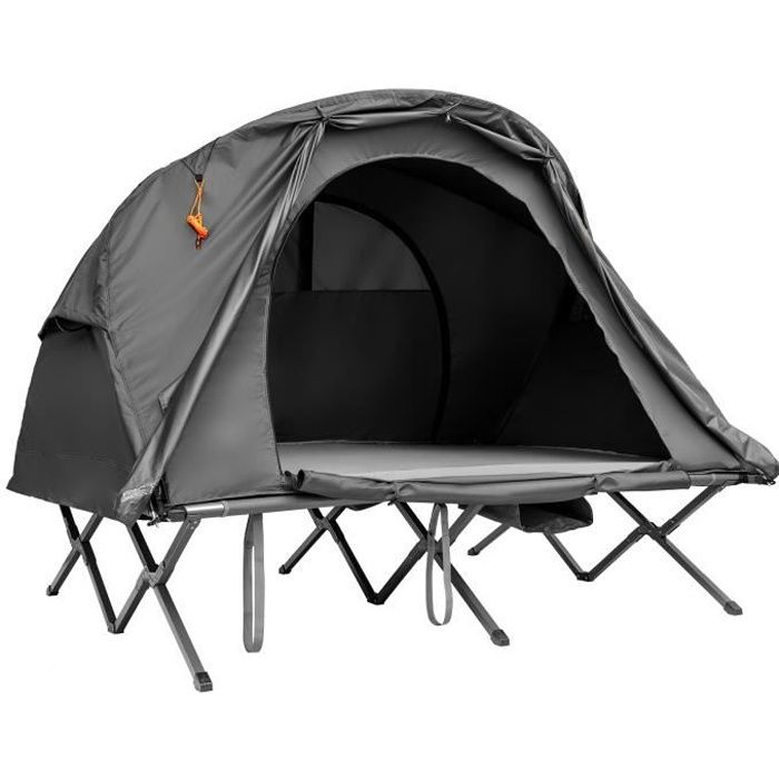 GOPLUS Lit de Camping pour 2 Personnes,Charge 300KG,Tente Pliable avec Auvent Détachable,Lit Double Surélevé/Tapis de Couchage,Gris