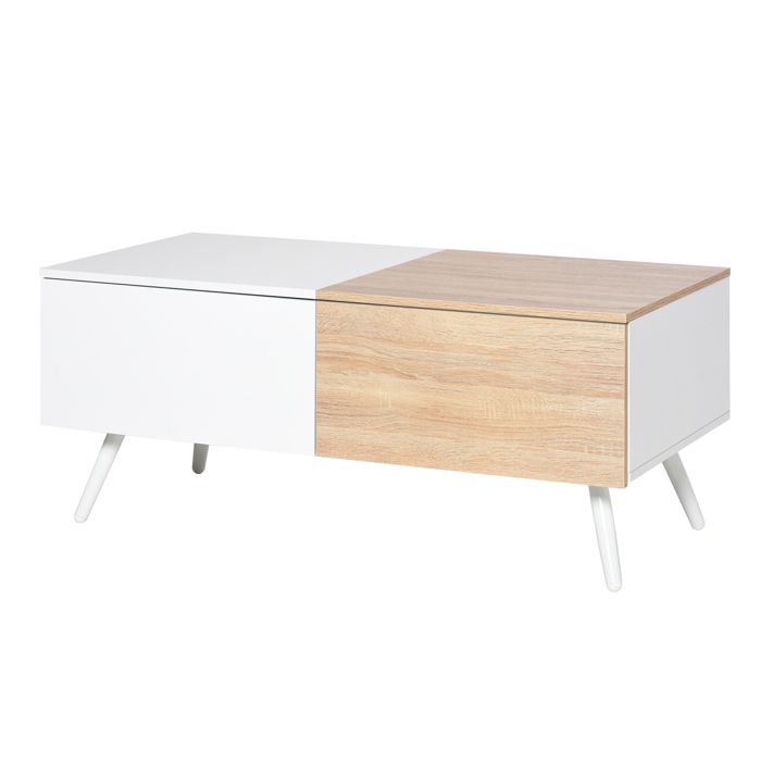 Table basse rectangulaire 2 grands tiroirs coulissants pieds métal blanc MDF bicolore blanc bois clair avec veinage