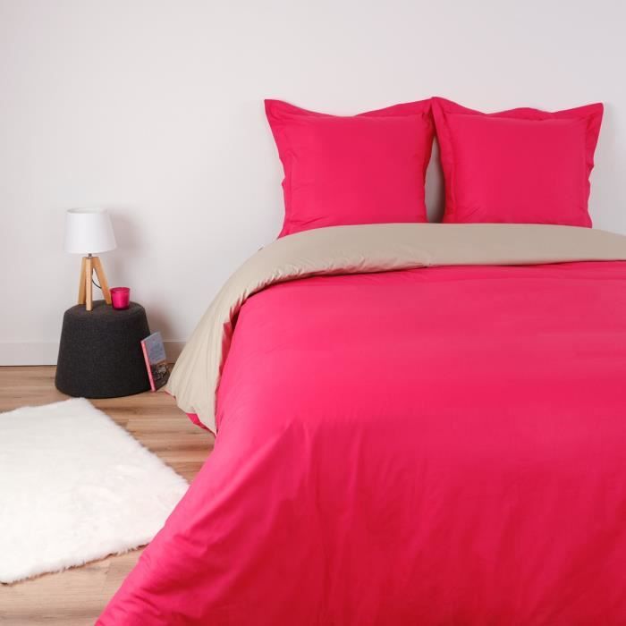 LINANDELLE - Housse de couette unie coton percale et taie VAELIA - Rose rouge - 220x240 cm