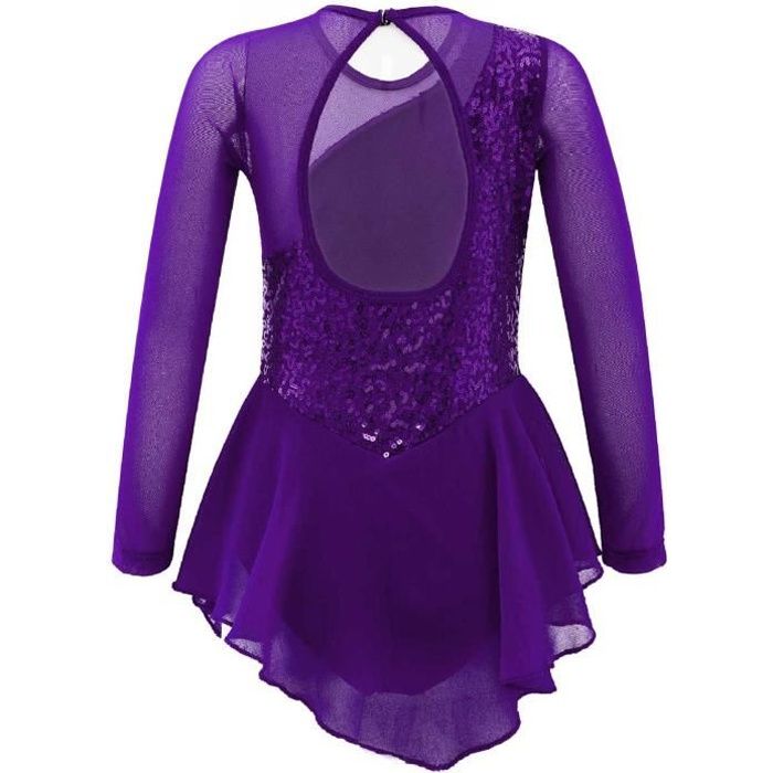 CHICTRY Robe Patinage Artistique Fille Manches Longues Paillette Justaucorps Danse Gymanstique 6-14 Ans Violet